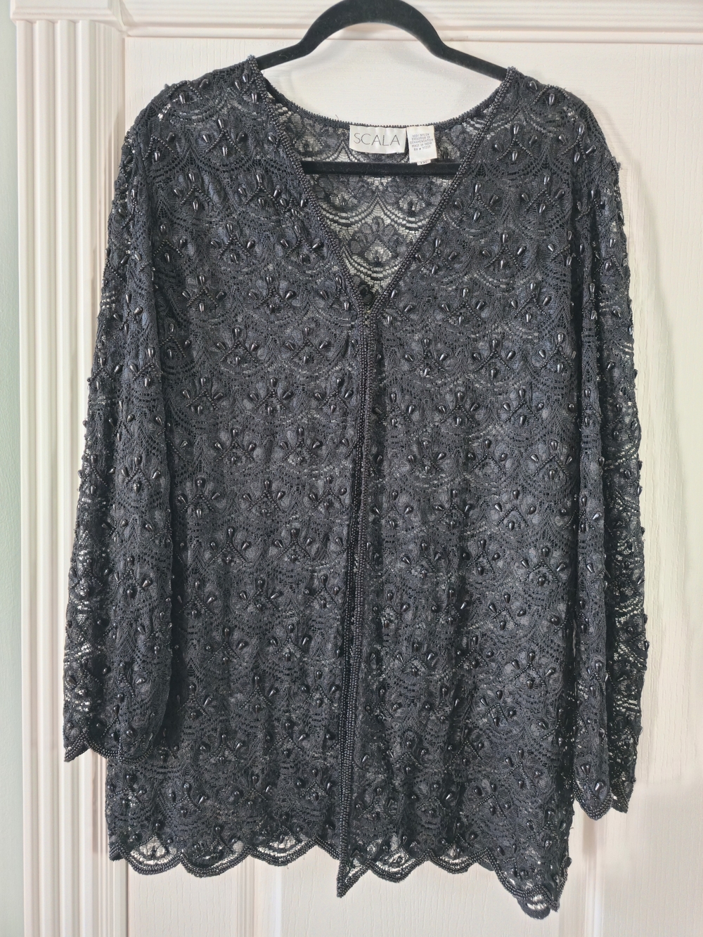 Vintage Scala Women's Black Hand Beaded Lace Cardigan